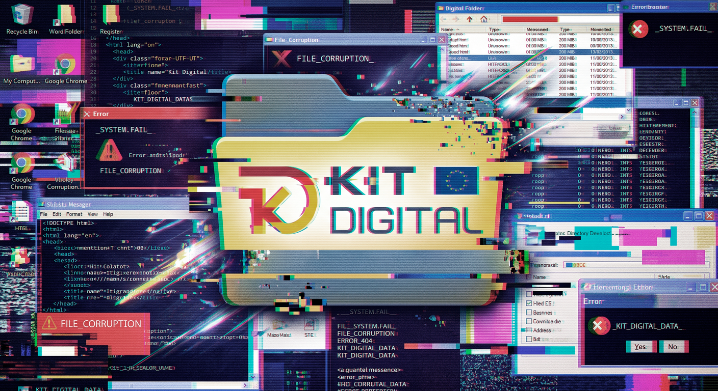 Carpeta con el logotipo de Kit Digital sobre pantallas de error y código, ilustrando rumores frente a datos oficiales del programa