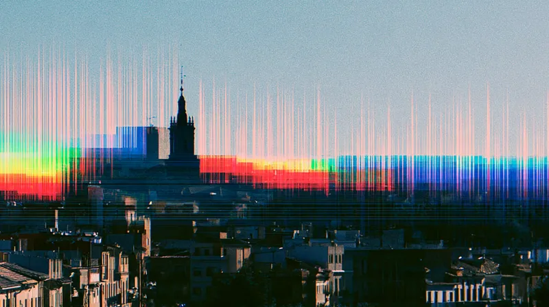 Albacete skyline with the cathedral and a digital distortion effect, illustrating the city's marketing agencies
