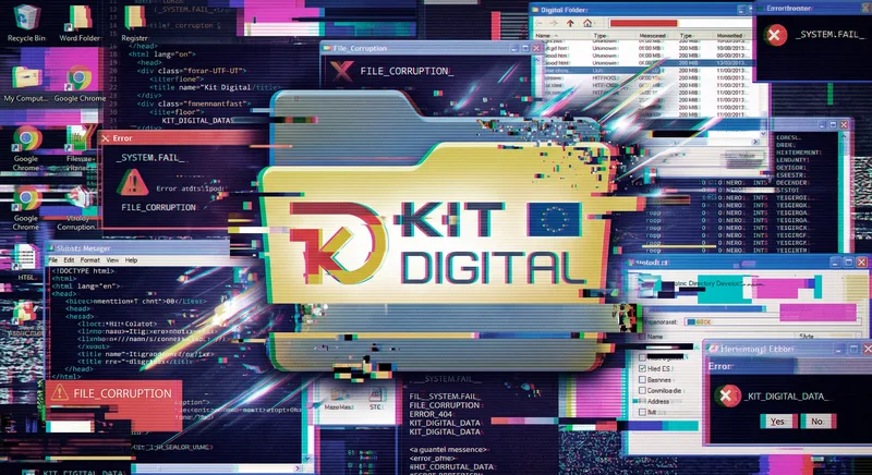 Carpeta con el logotipo de Kit Digital sobre pantallas de error y código, ilustrando rumores frente a datos oficiales del programa