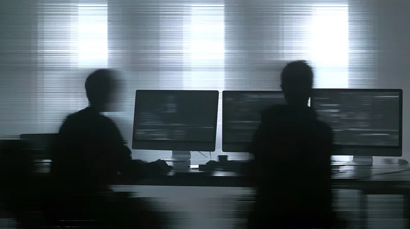 Silhouettes of two people working on computers in front of a window, illustrating the comparison between Webflow and WordPress