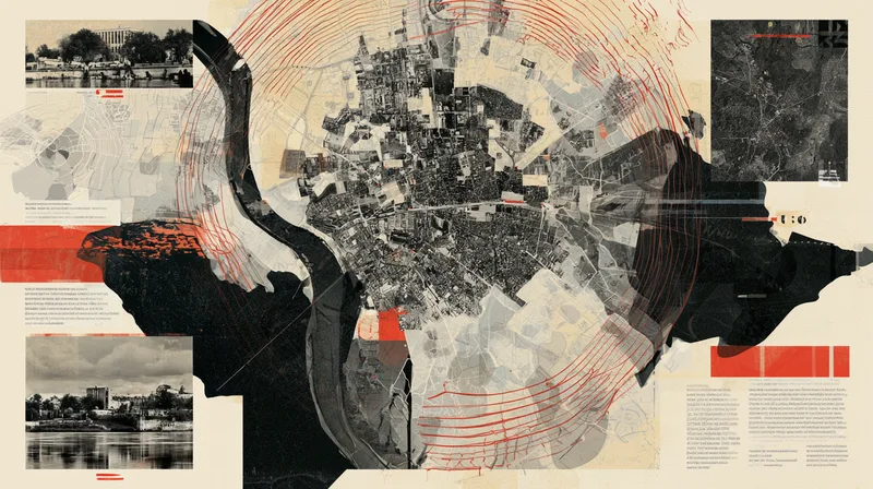 Collage de un mapa de Albacete con fotos de la ciudad y círculos concéntricos, ilustrando el posicionamiento local en Google Maps