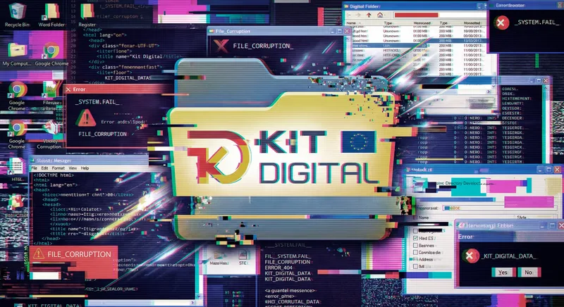 Folder with the Kit Digital logo over error screens and code, illustrating rumors versus official program data