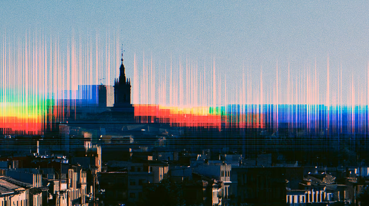 Albacete skyline with the cathedral and a digital distortion effect, illustrating the city's marketing agencies